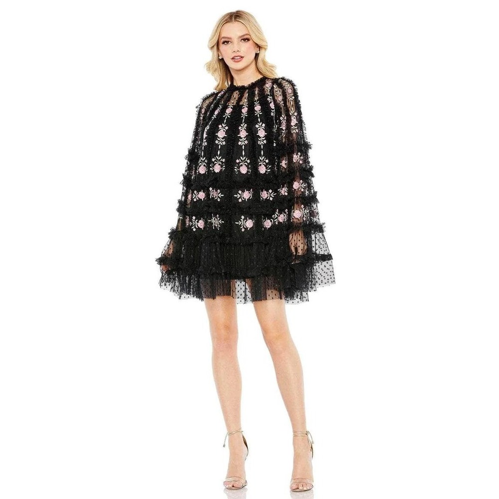 MAC DUGGAL Dress Style 8031 Black Lace with Pink Rose British Tea Dress